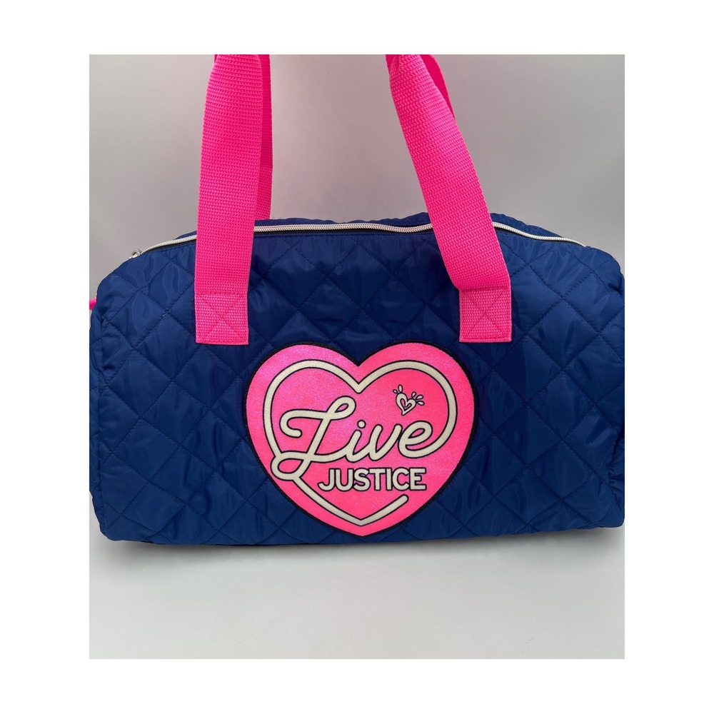 Justice‎ Girls Blue Quilted Duffel Bag Pink Glitter Heart Live Justice 2017
